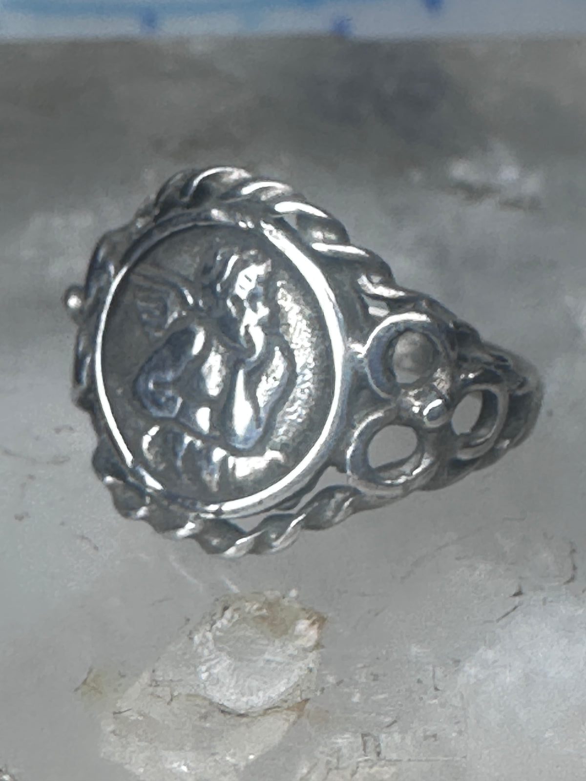 Vintage Sterling Silver Cherub Angel Cameo Ring Rope Trim Statement Size 4.75 925