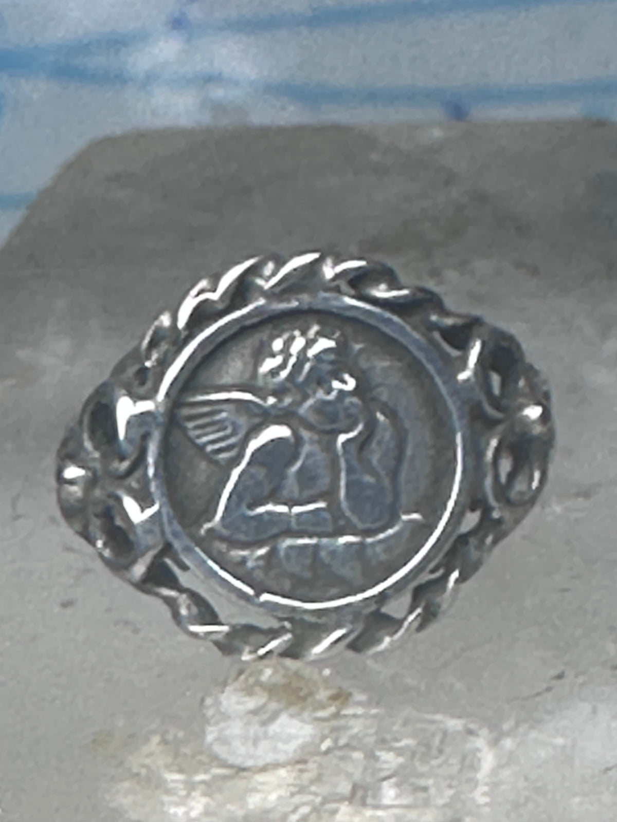 Vintage Sterling Silver Cherub Angel Cameo Ring Rope Trim Statement Size 4.75 925