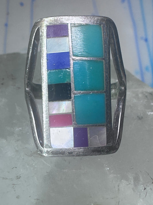 Vintage Zuni turquoise ring long Riatone coral MOP Onyx Inlay sterling silver size 7 women girls