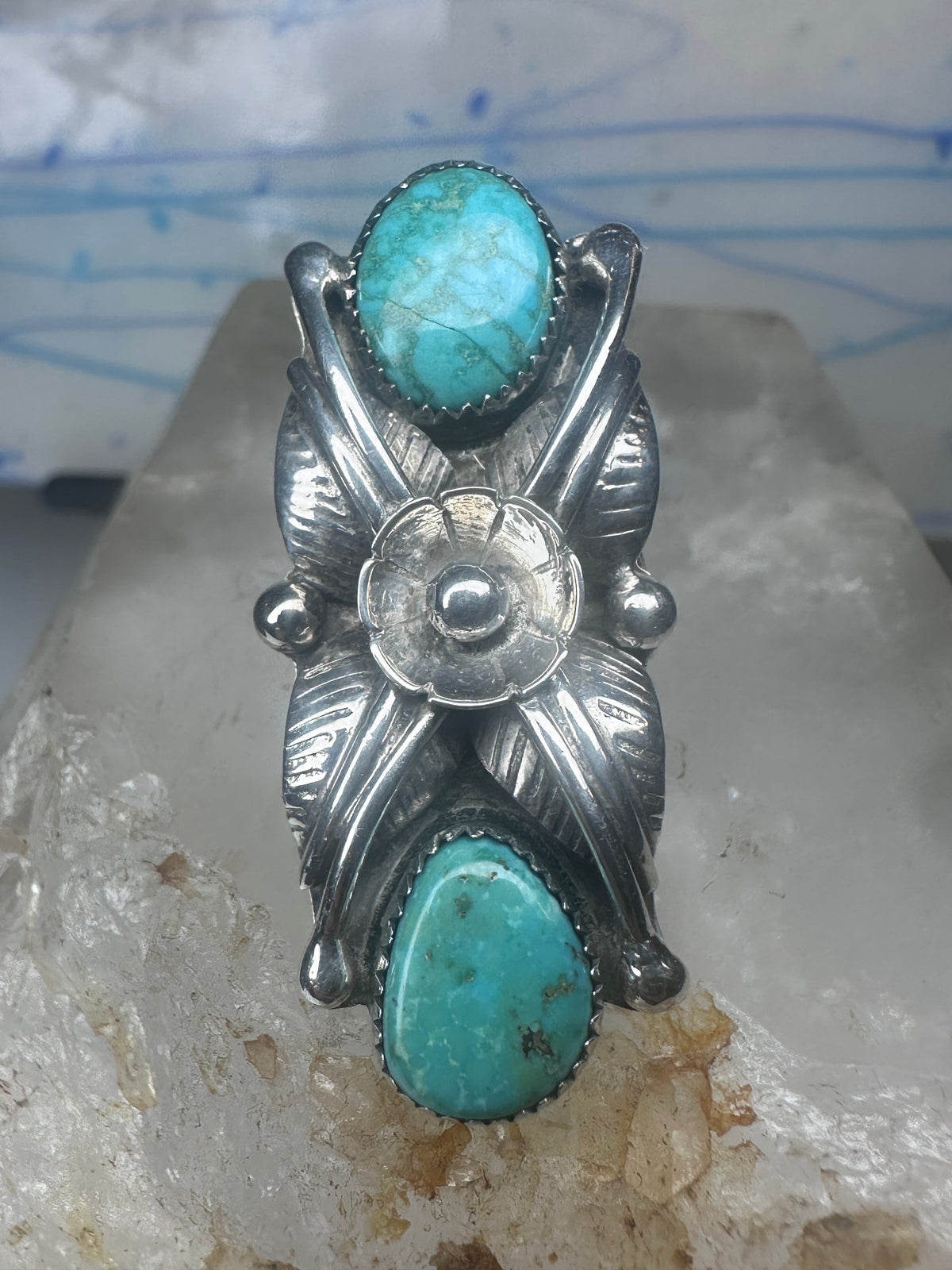 Vintage Margaret Lee Signed ML Sterling Silver Native American Turquoise Two Stone Elongated Ring Size 4.25 925