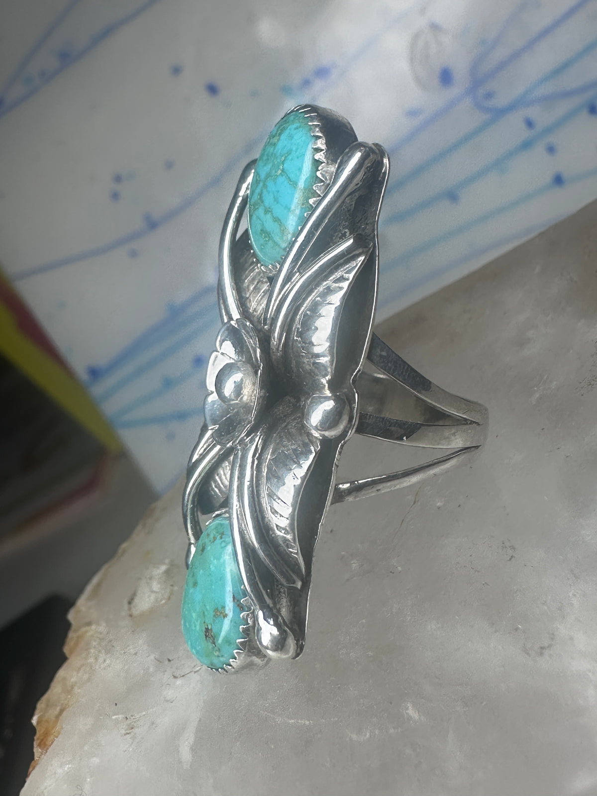 Vintage Margaret Lee Signed ML Sterling Silver Native American Turquoise Two Stone Elongated Ring Size 4.25 925