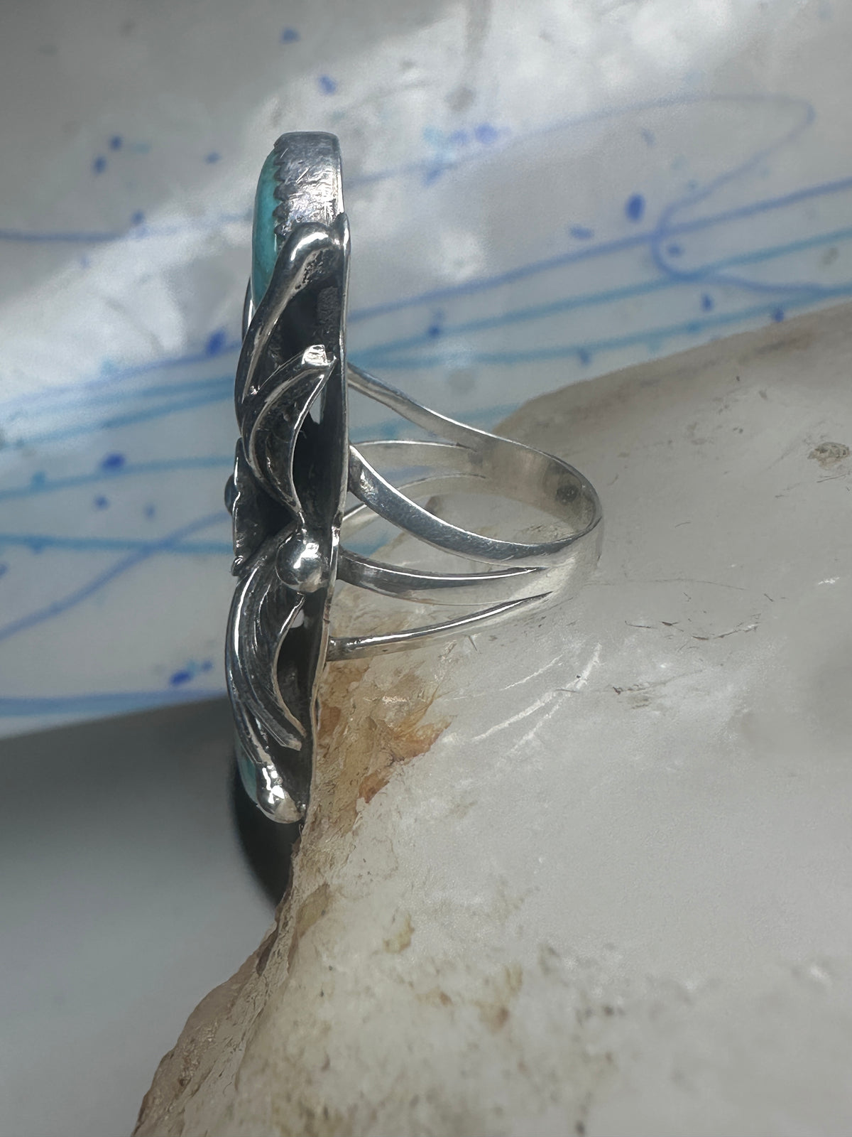 Vintage Margaret Lee Signed ML Sterling Silver Native American Turquoise Two Stone Elongated Ring Size 4.25 925