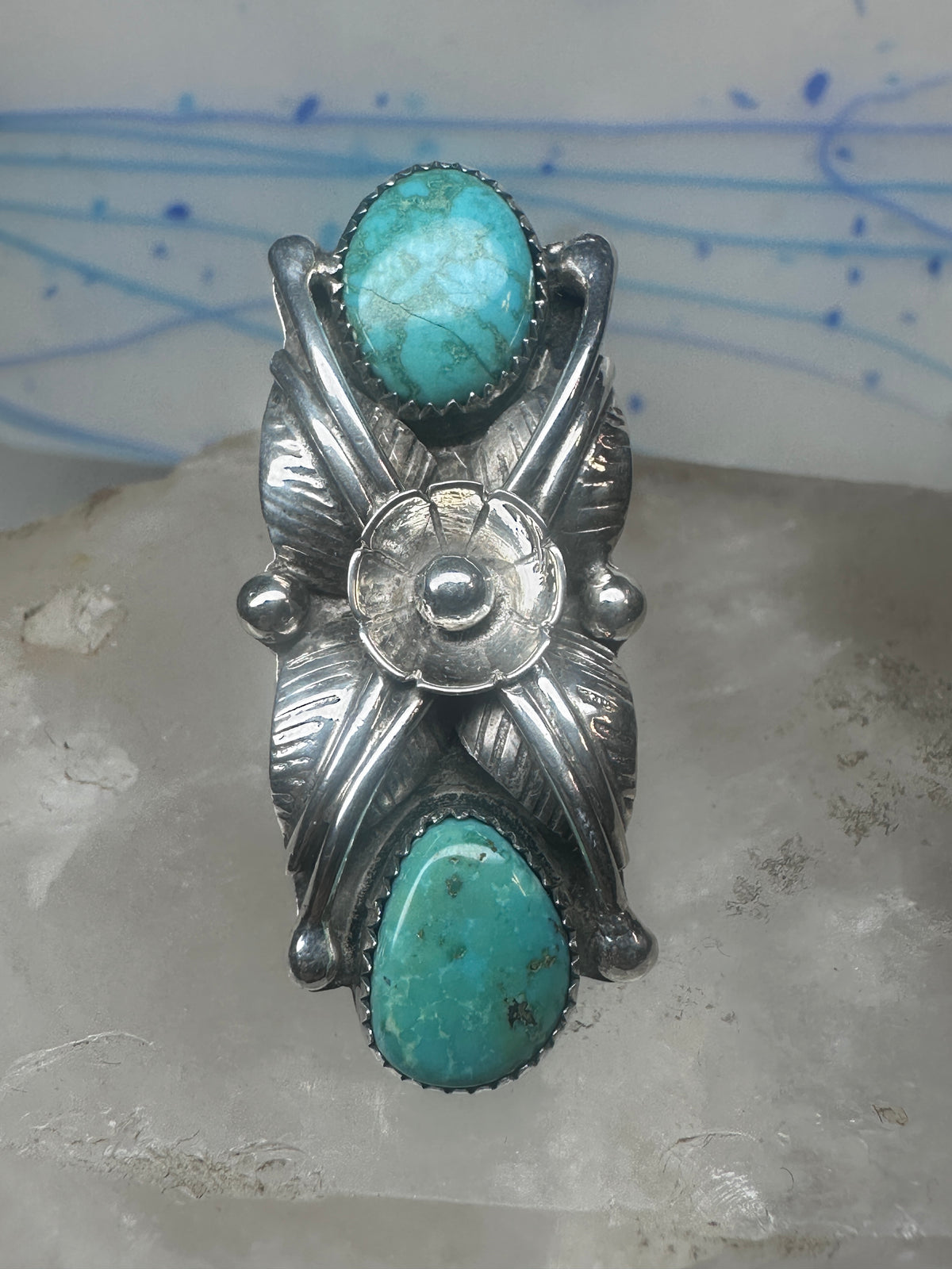 Vintage Margaret Lee Signed ML Sterling Silver Native American Turquoise Two Stone Elongated Ring Size 4.25 925