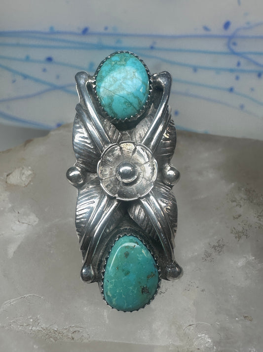 Vintage Margaret Lee Signed ML Sterling Silver Native American Turquoise Two Stone Elongated Ring Size 4.25 925