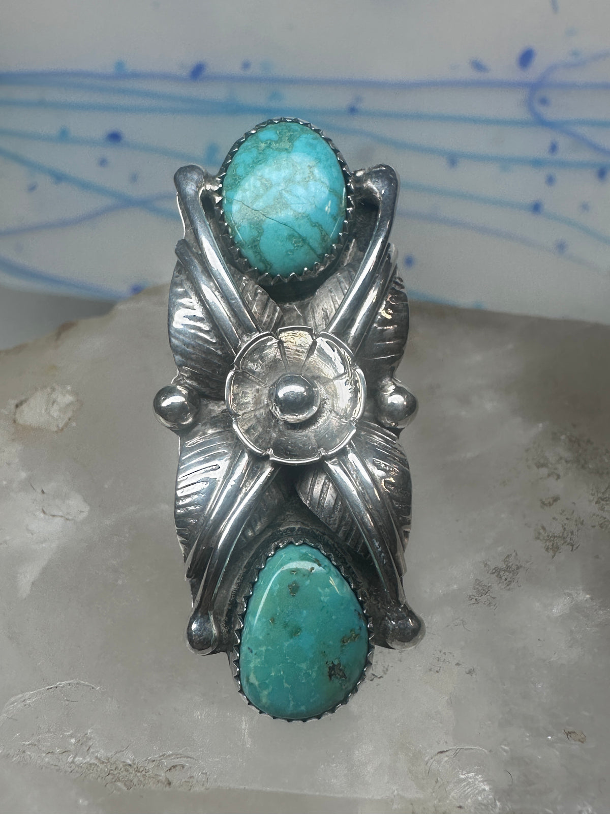 Vintage Margaret Lee Signed ML Sterling Silver Native American Turquoise Two Stone Elongated Ring Size 4.25 925