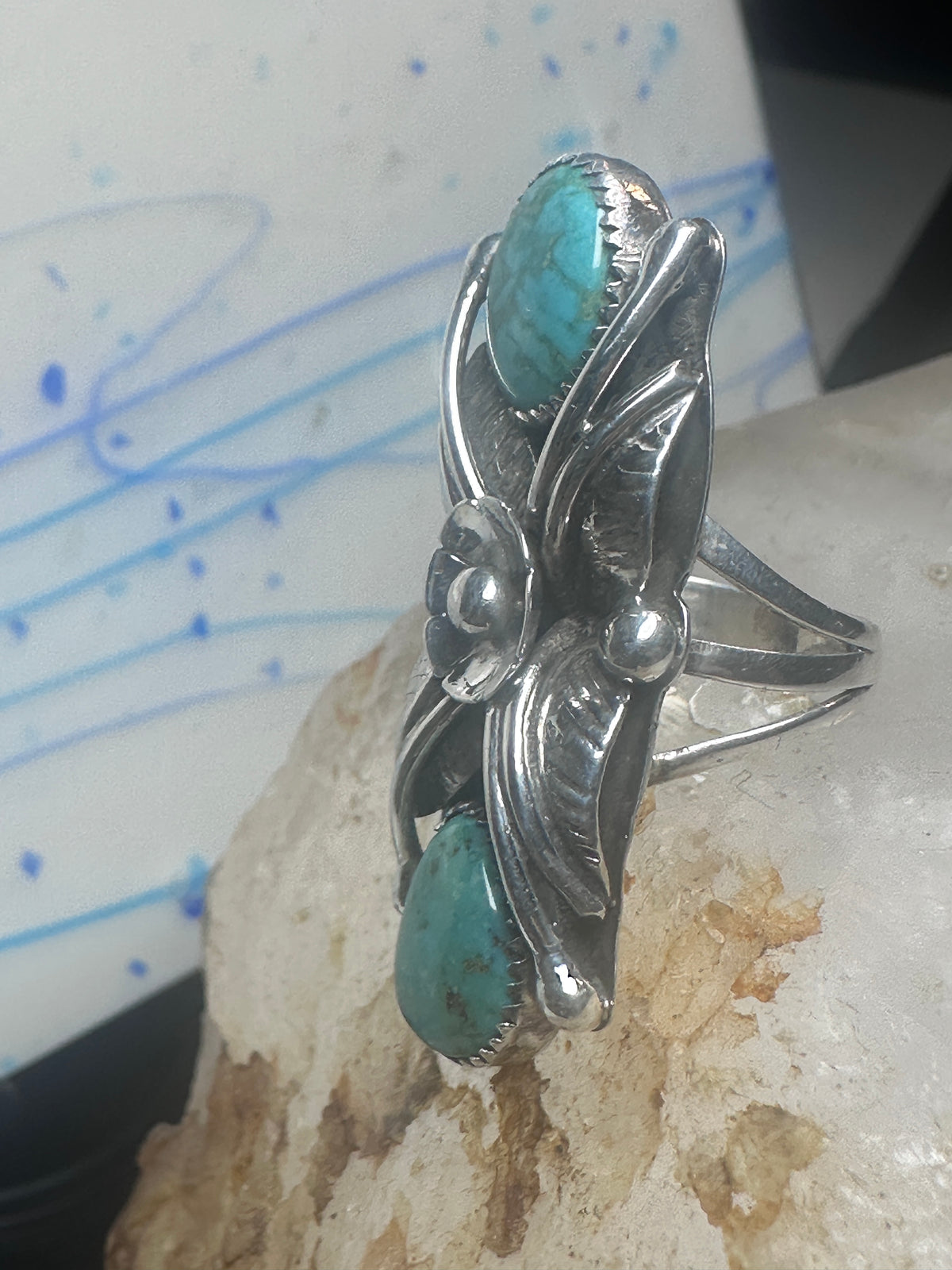 Vintage Margaret Lee Signed ML Sterling Silver Native American Turquoise Two Stone Elongated Ring Size 4.25 925