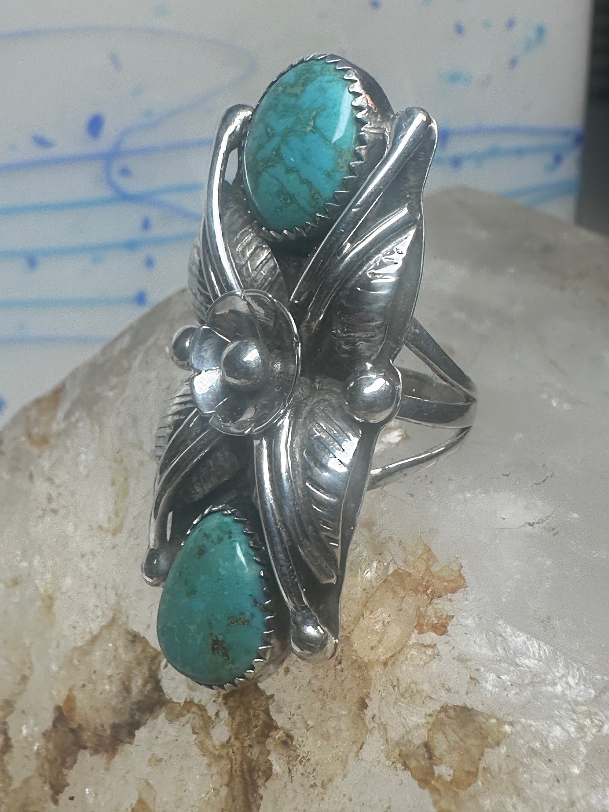 Vintage Margaret Lee Signed ML Sterling Silver Native American Turquoise Two Stone Elongated Ring Size 4.25 925