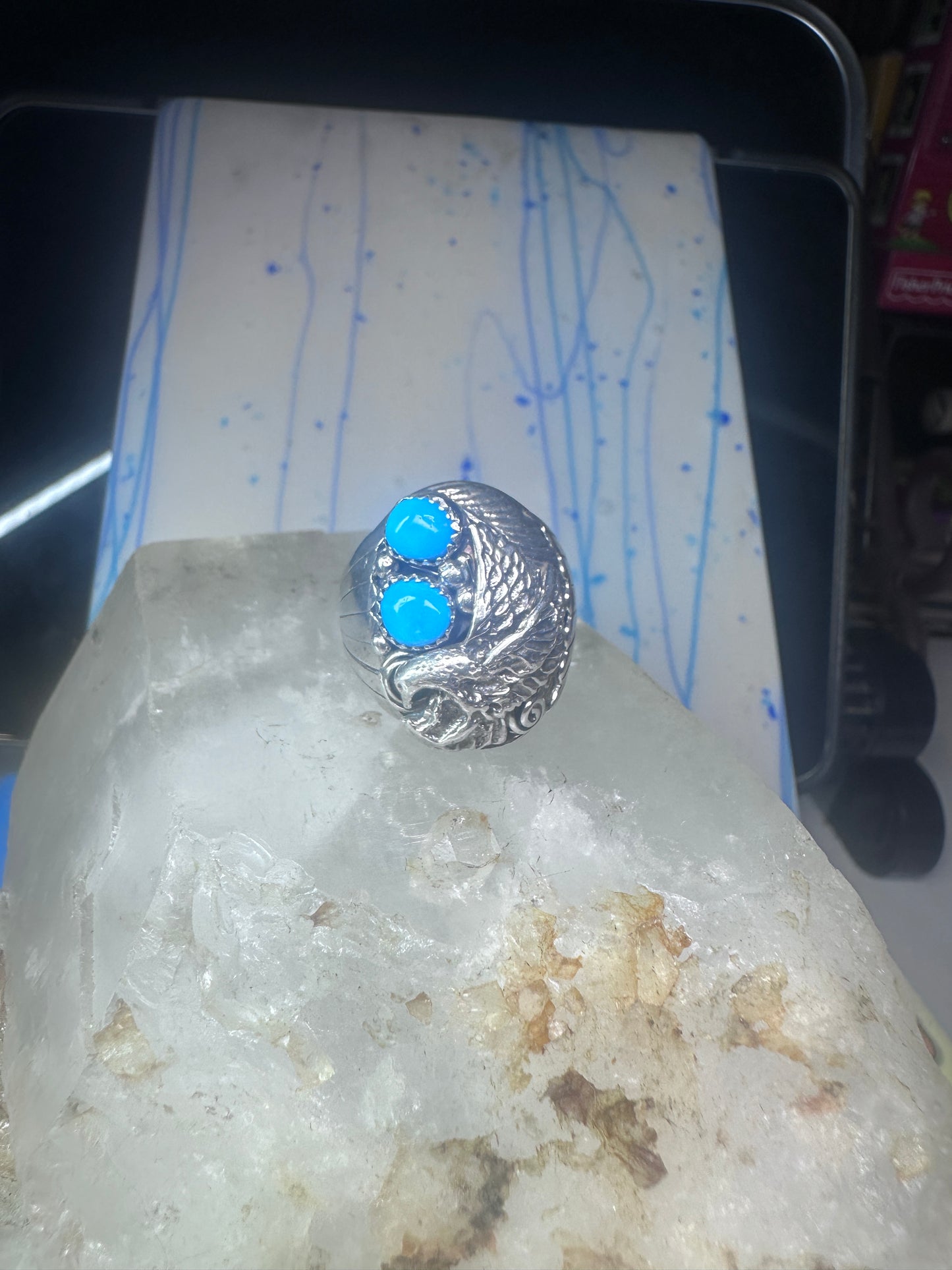 Navajo turquoise Eagle ring vintage heavy band sterling silver size 11.75 women men