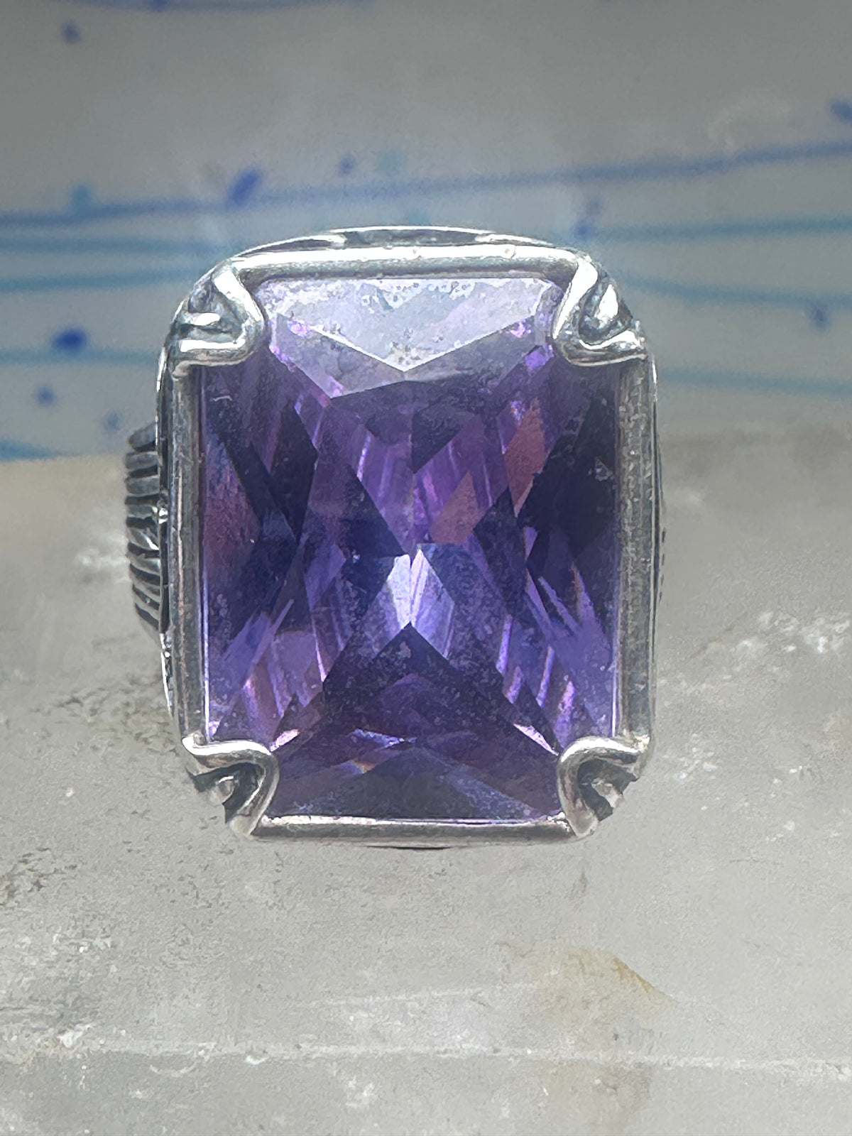 Vintage Sterling Silver Purple Amethyst Glass Cocktail Ring  Size 10.75 925