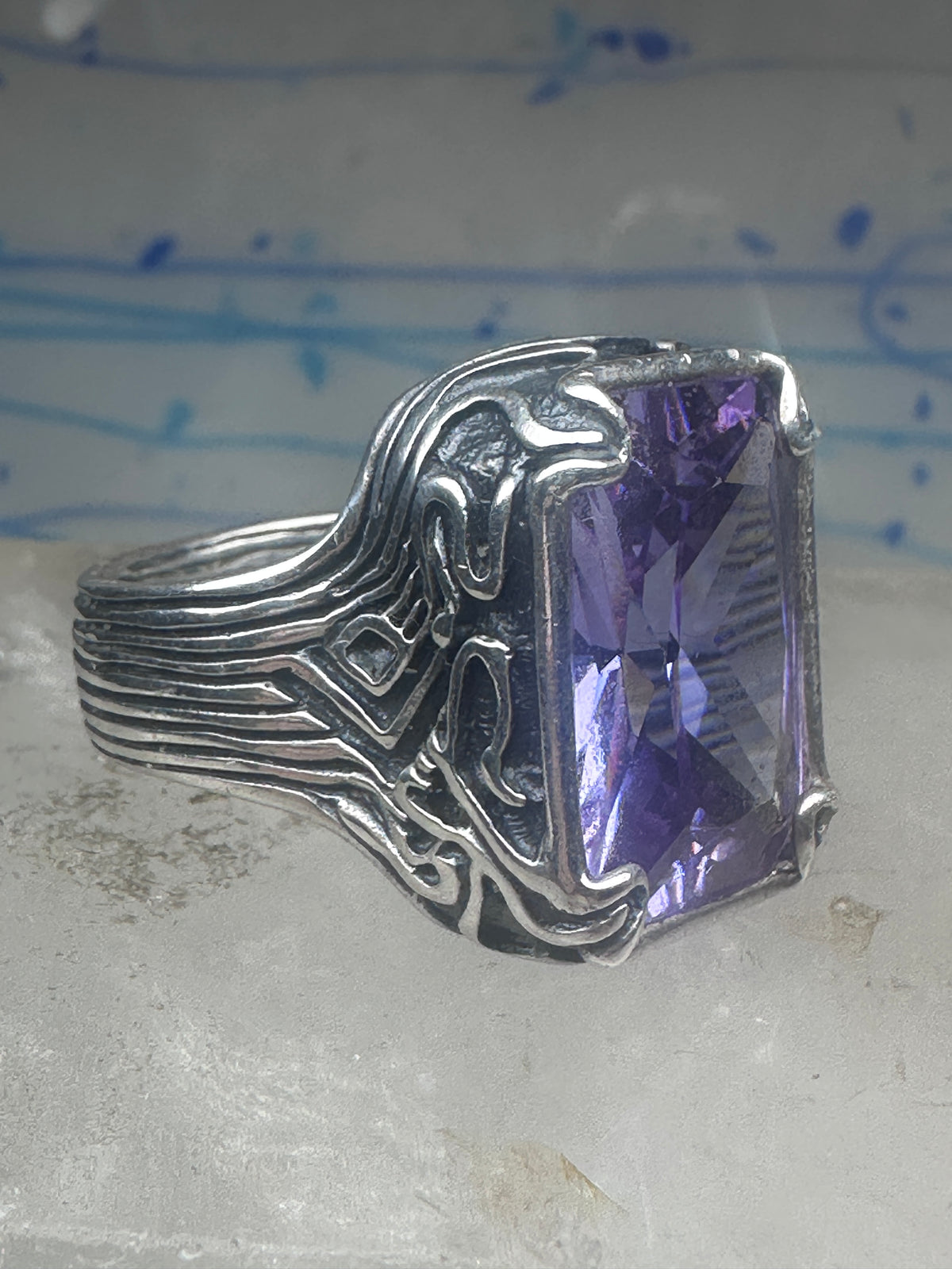 Vintage Sterling Silver Purple Amethyst Glass Cocktail Ring  Size 10.75 925