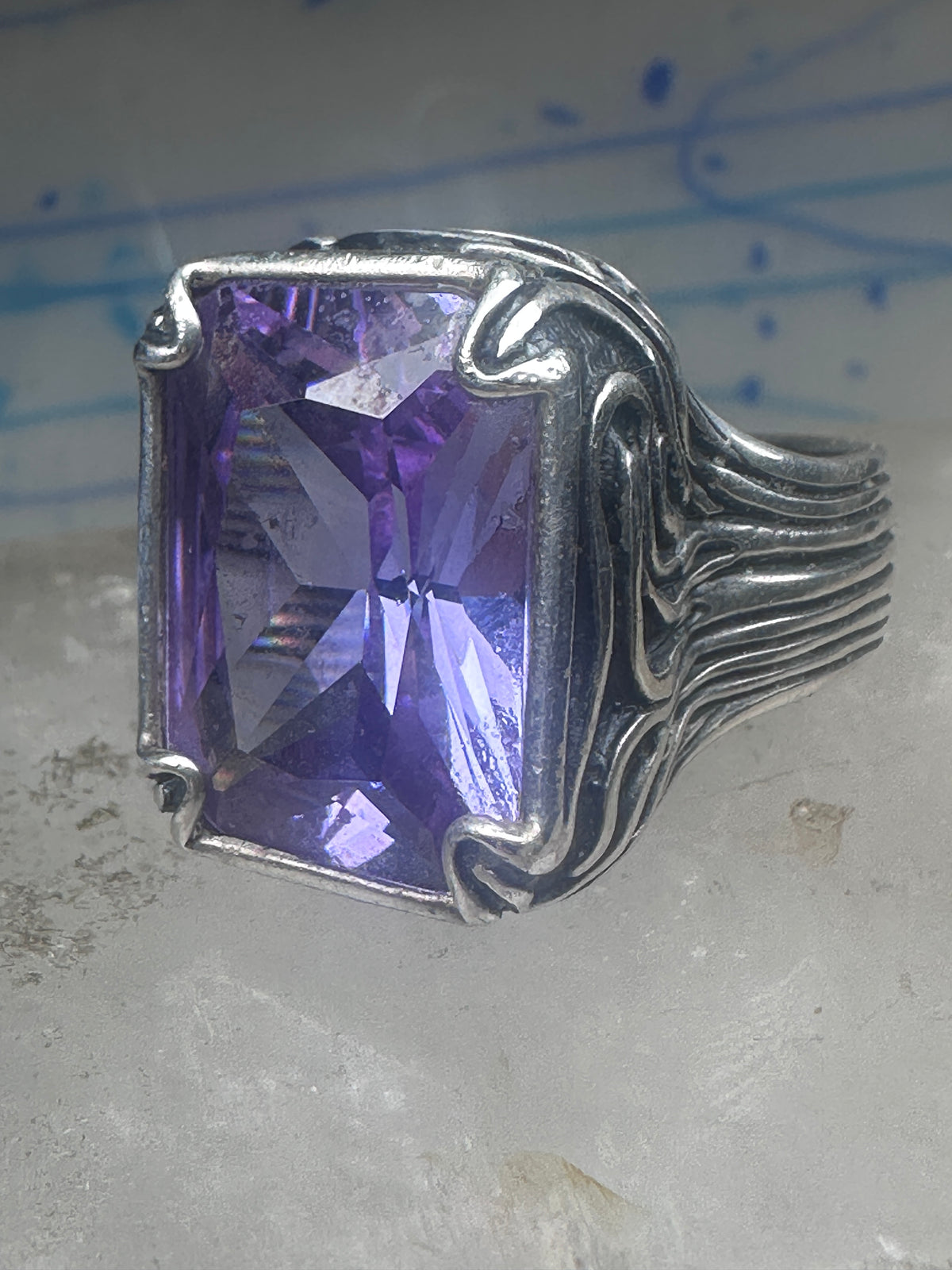Vintage Sterling Silver Purple Amethyst Glass Cocktail Ring  Size 10.75 925