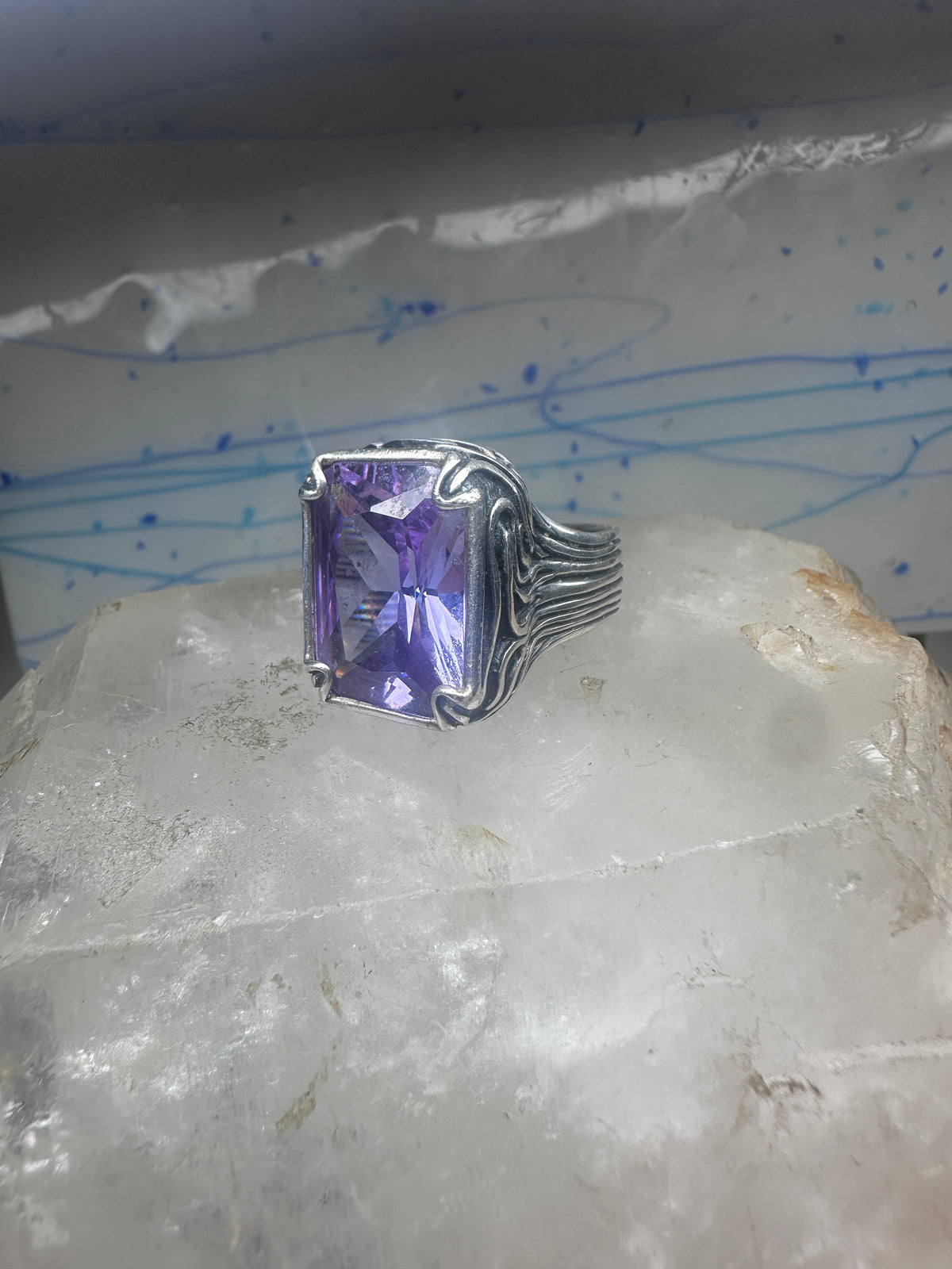 Vintage Sterling Silver Purple Amethyst Glass Cocktail Ring  Size 10.75 925