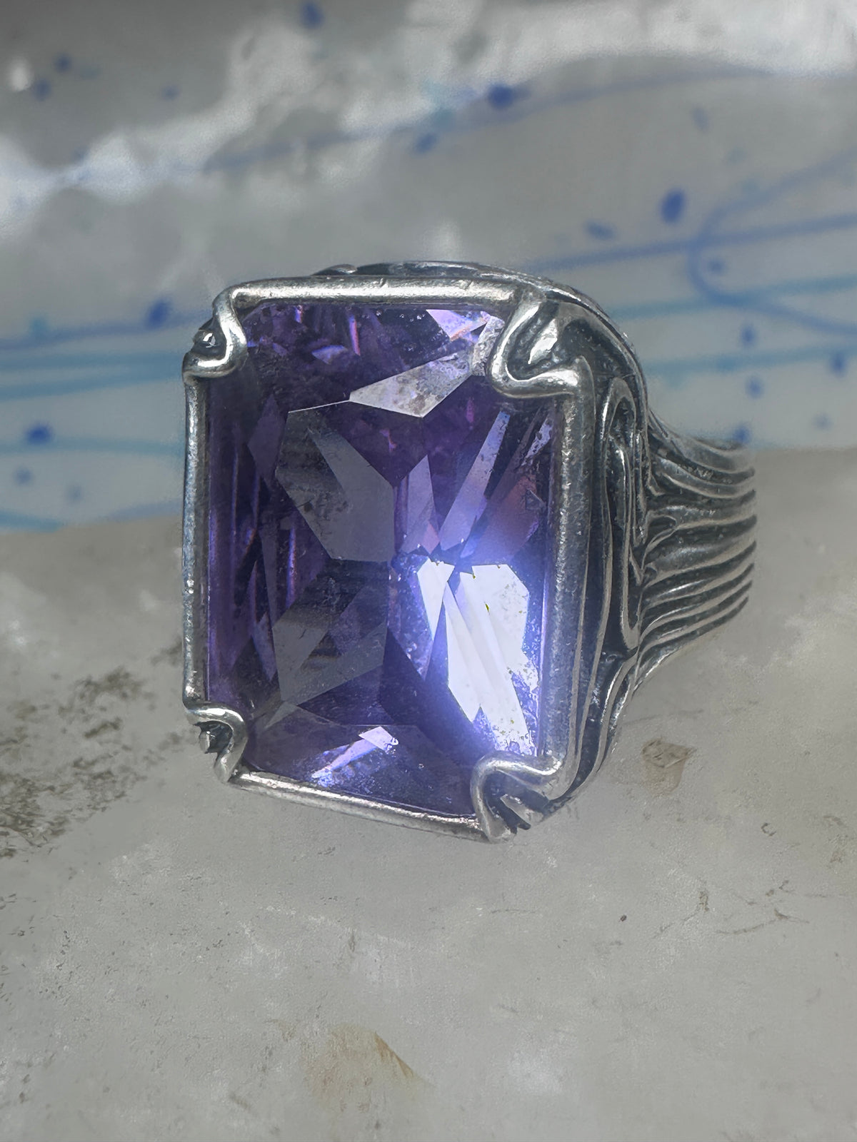Vintage Sterling Silver Purple Amethyst Glass Cocktail Ring  Size 10.75 925