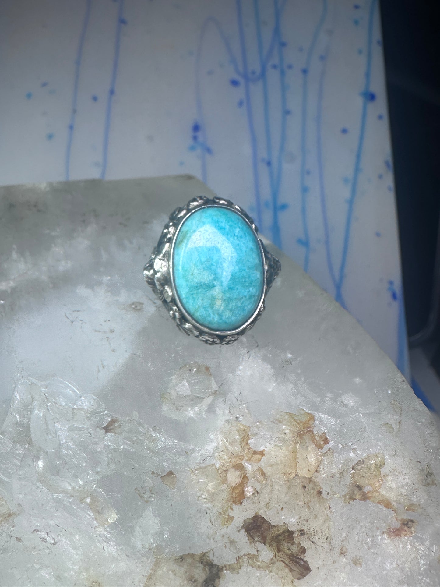 Art Deco Edwardian tiger ring Amazonite floral flowers sterling silver size 3 women girls