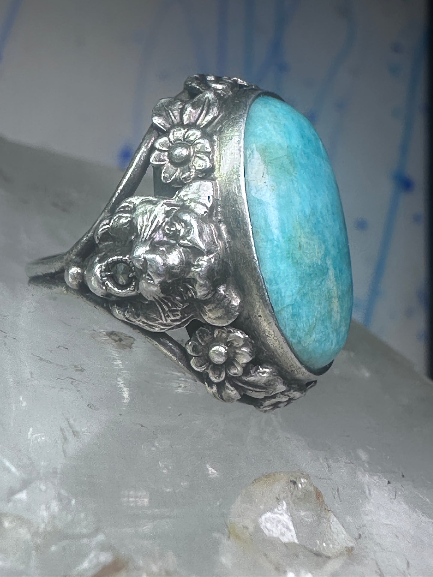 Art Deco Edwardian tiger ring Amazonite floral flowers sterling silver size 3 women girls