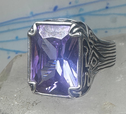 Vintage Sterling Silver Purple Amethyst Glass Cocktail Ring  Size 10.75 925