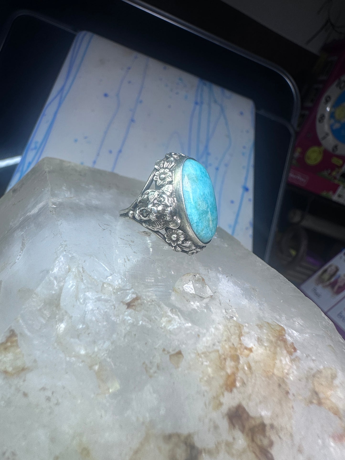 Art Deco Edwardian tiger ring Amazonite floral flowers sterling silver size 3 women girls