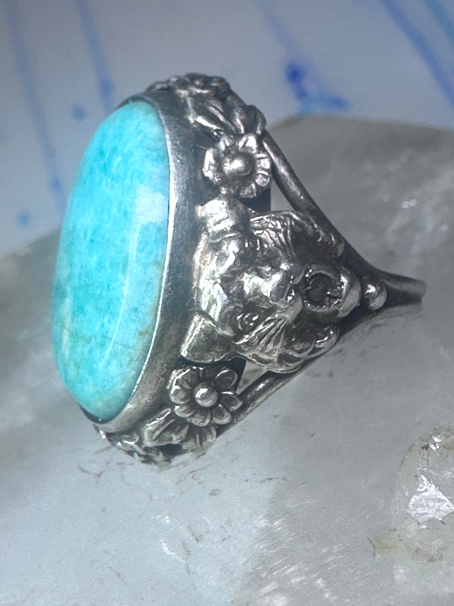 Art Deco Edwardian tiger ring Amazonite floral flowers sterling silver size 3 women girls