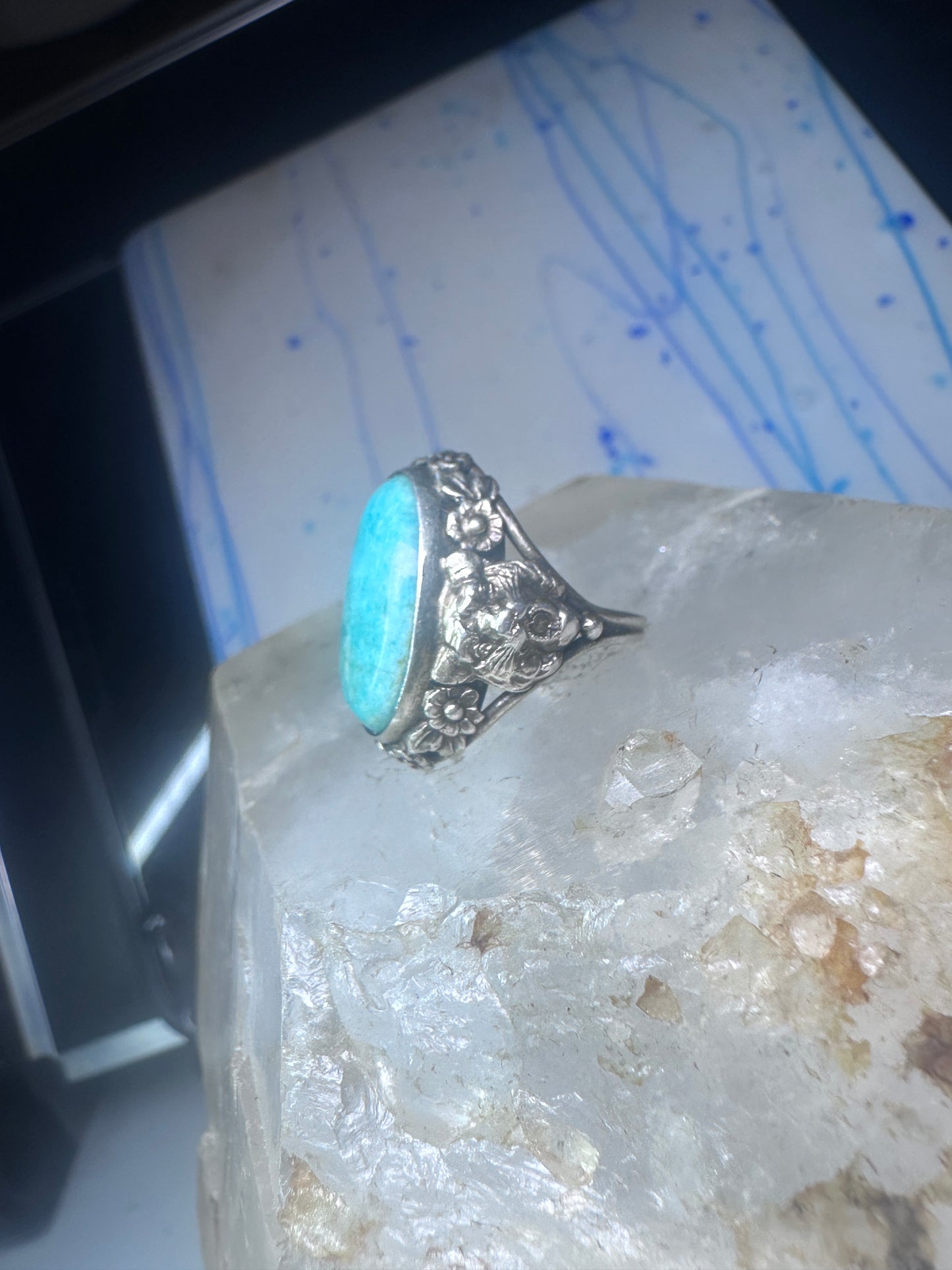 Art Deco Edwardian tiger ring Amazonite floral flowers sterling silver size 3 women girls