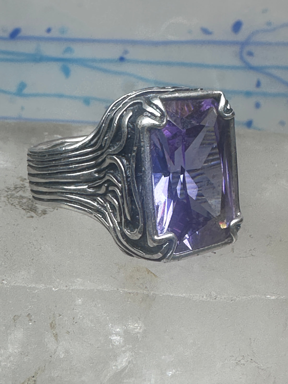 Vintage Sterling Silver Purple Amethyst Glass Cocktail Ring  Size 10.75 925