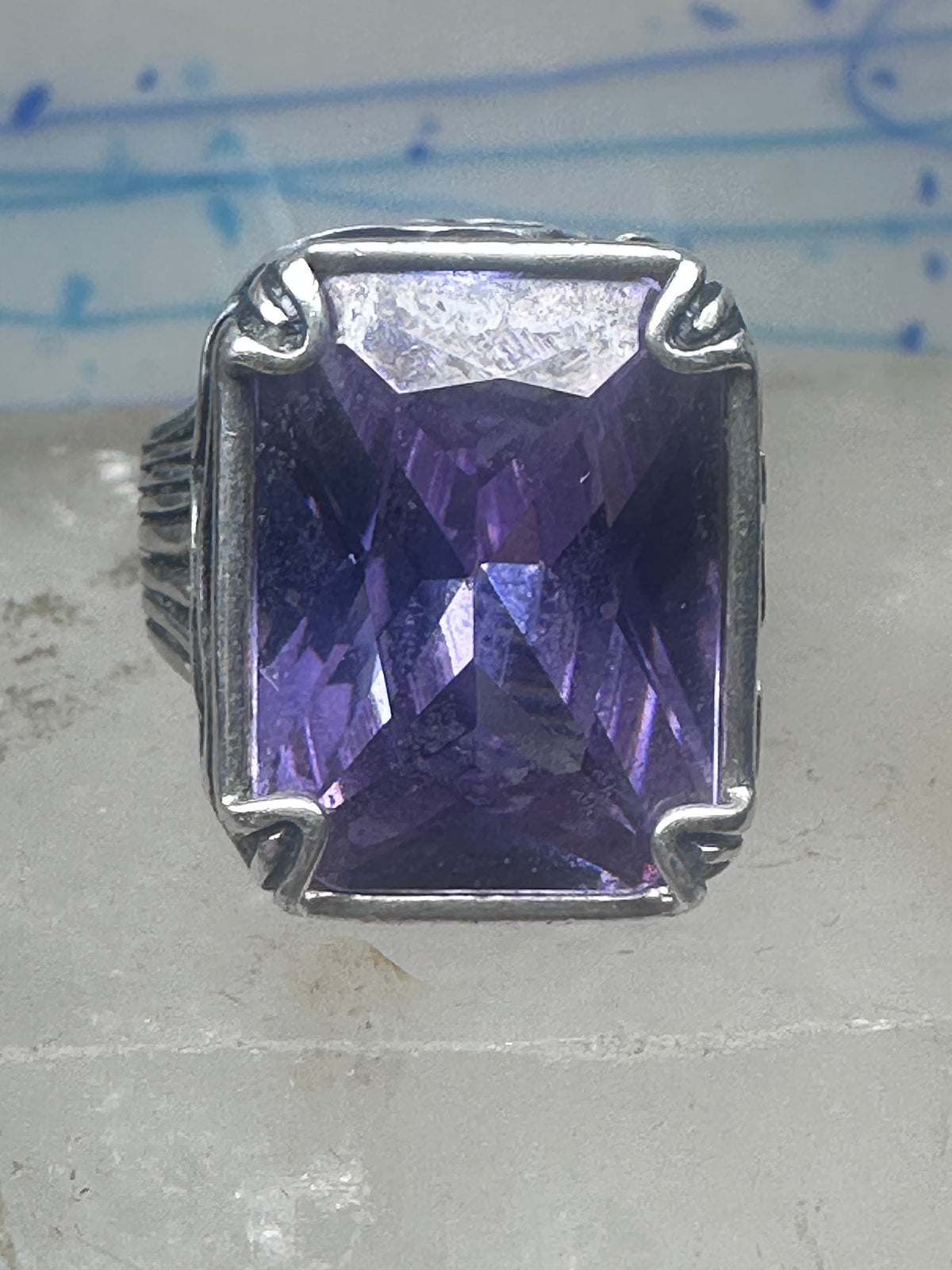 Vintage Sterling Silver Purple Amethyst Glass Cocktail Ring  Size 10.75 925