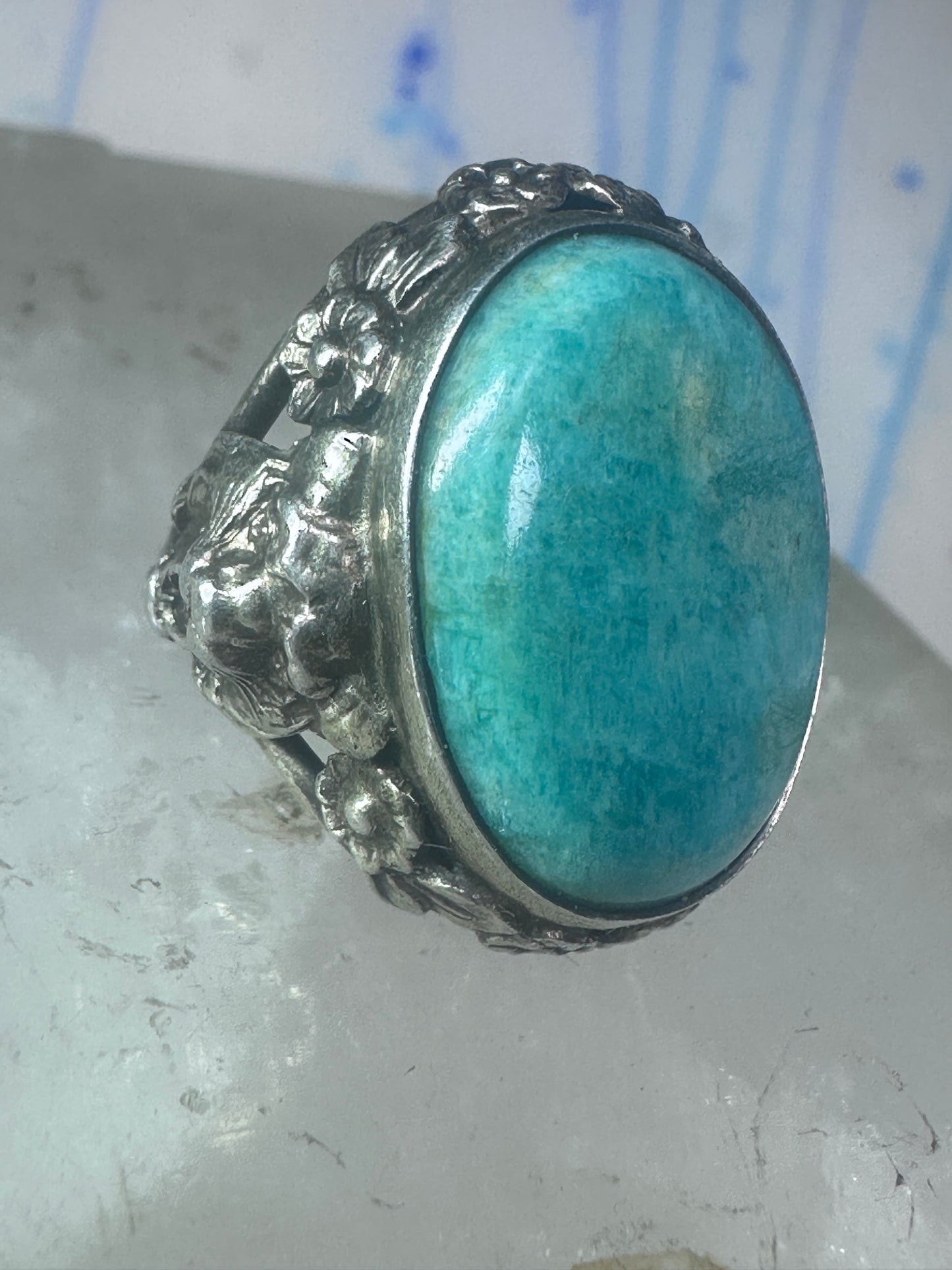 Art Deco Edwardian tiger ring Amazonite floral flowers sterling silver size 3 women girls
