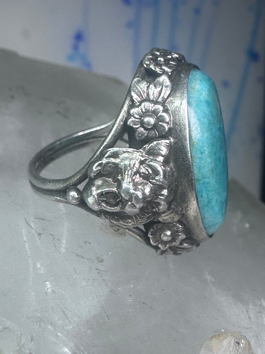 Art Deco Edwardian tiger ring Amazonite floral flowers sterling silver size 3 women girls