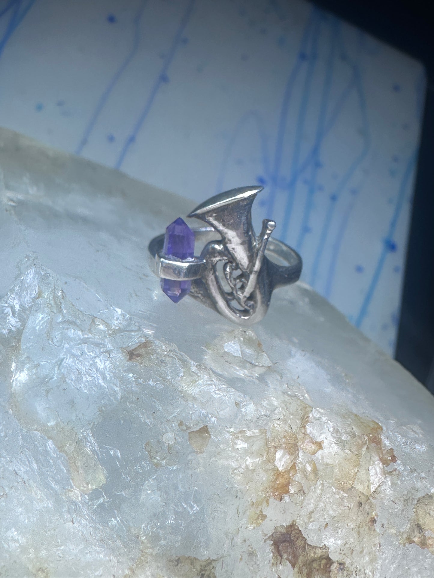 Trumpet ring amethyst horn musical instrument band sterling silver size 7.50 women girls