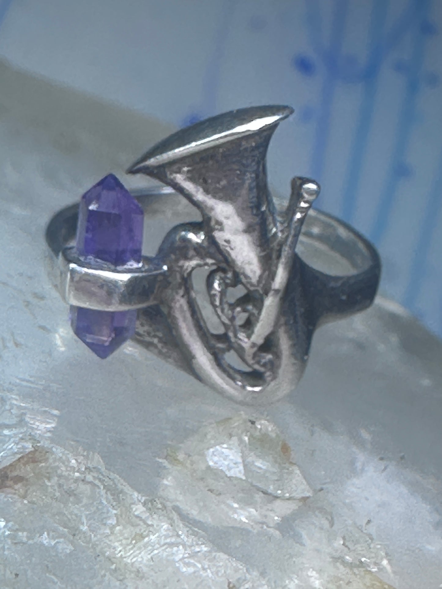 Trumpet ring amethyst horn musical instrument band sterling silver size 7.50 women girls