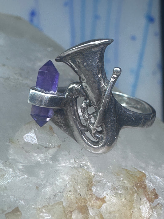 Trumpet ring amethyst horn musical instrument band sterling silver size 7.50 women girls