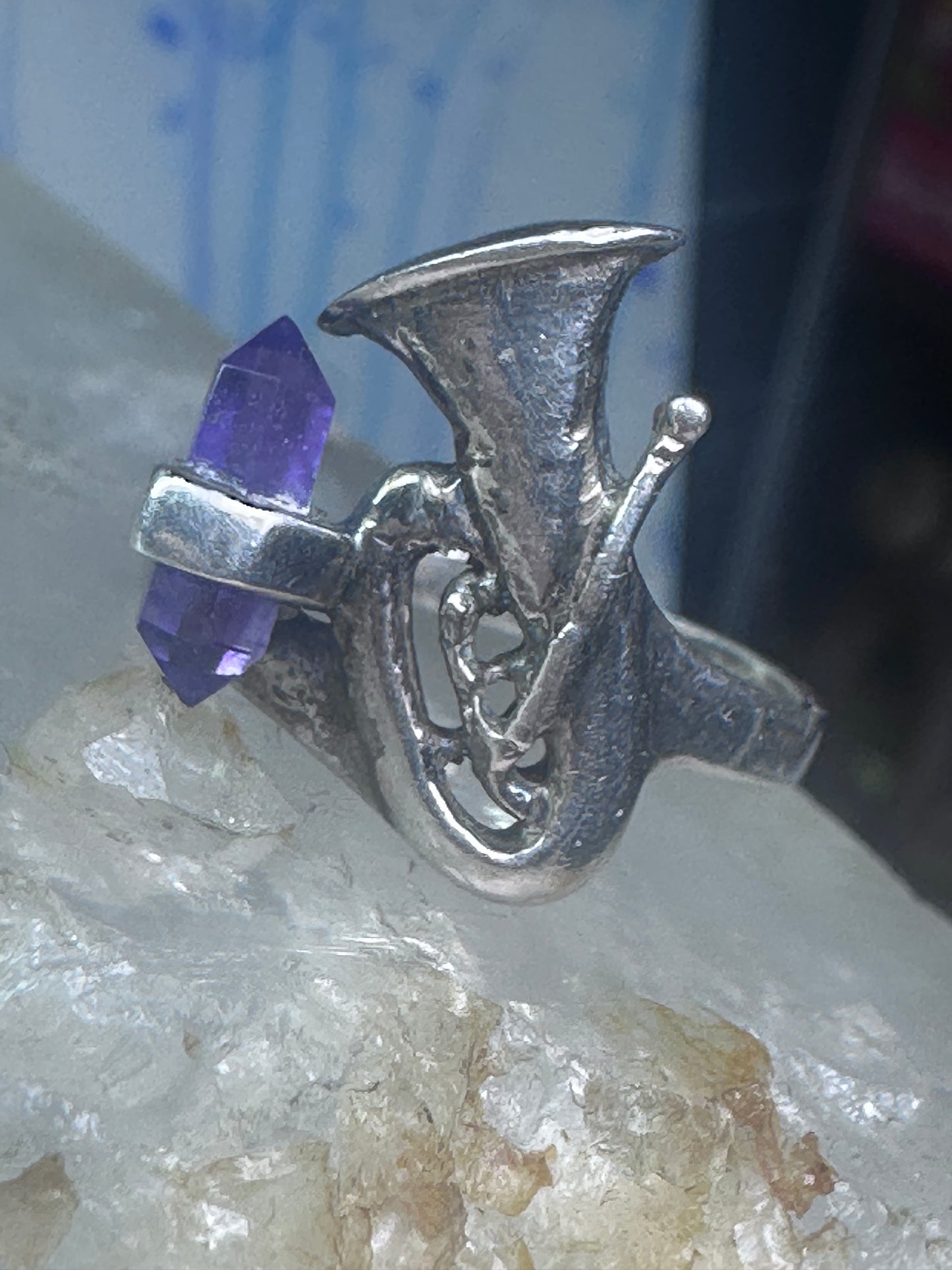 Trumpet ring amethyst horn musical instrument band sterling silver size 7.50 women girls