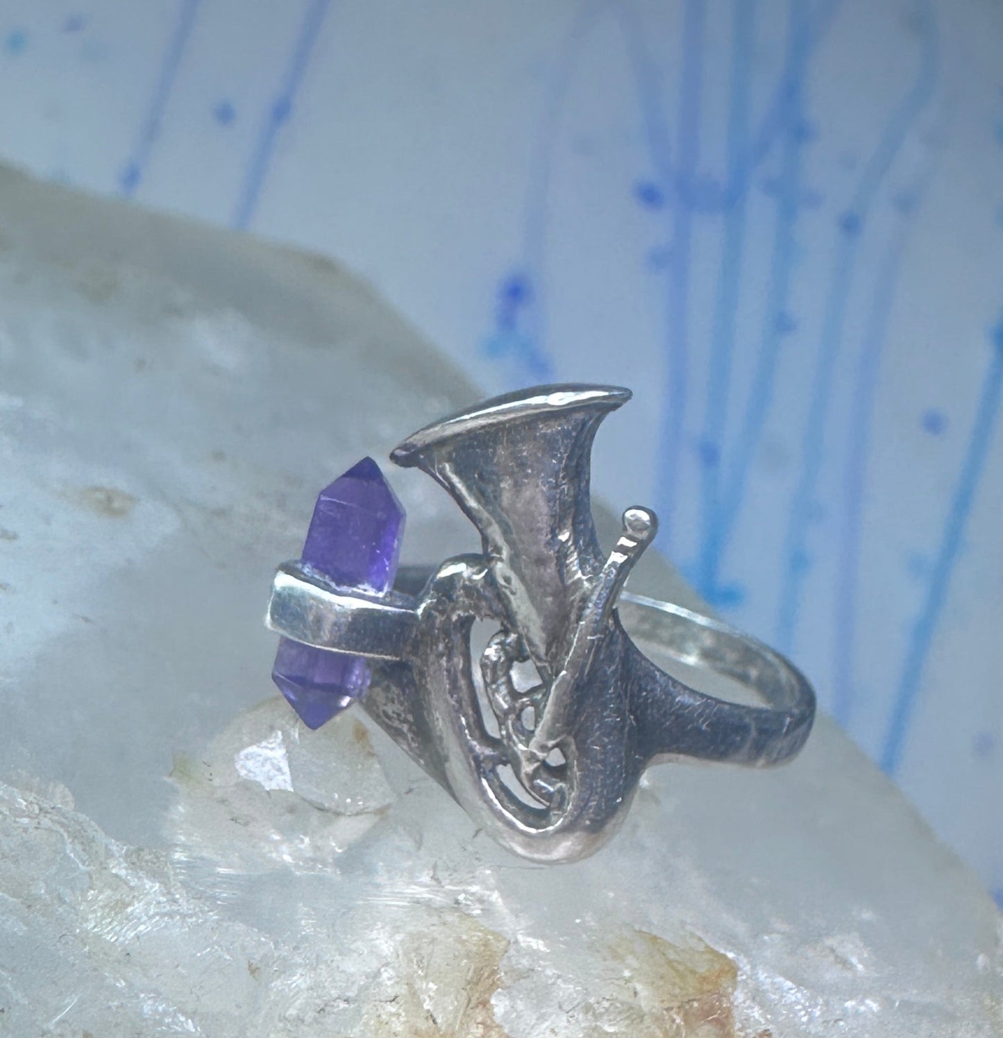 Trumpet ring amethyst horn musical instrument band sterling silver size 7.50 women girls