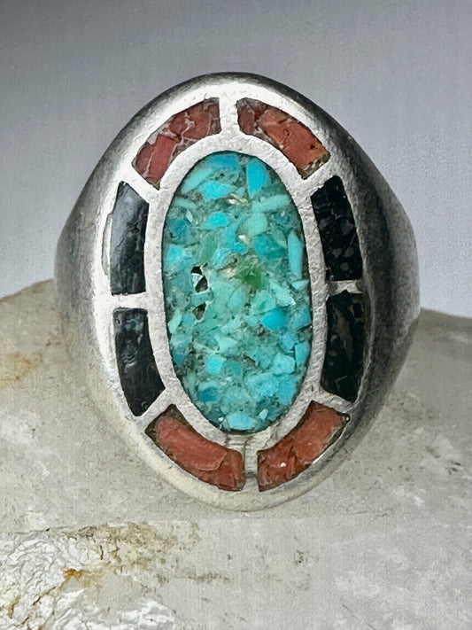 Navajo ring turquoise coral chips onyx band size 12.75 sterling silver women men