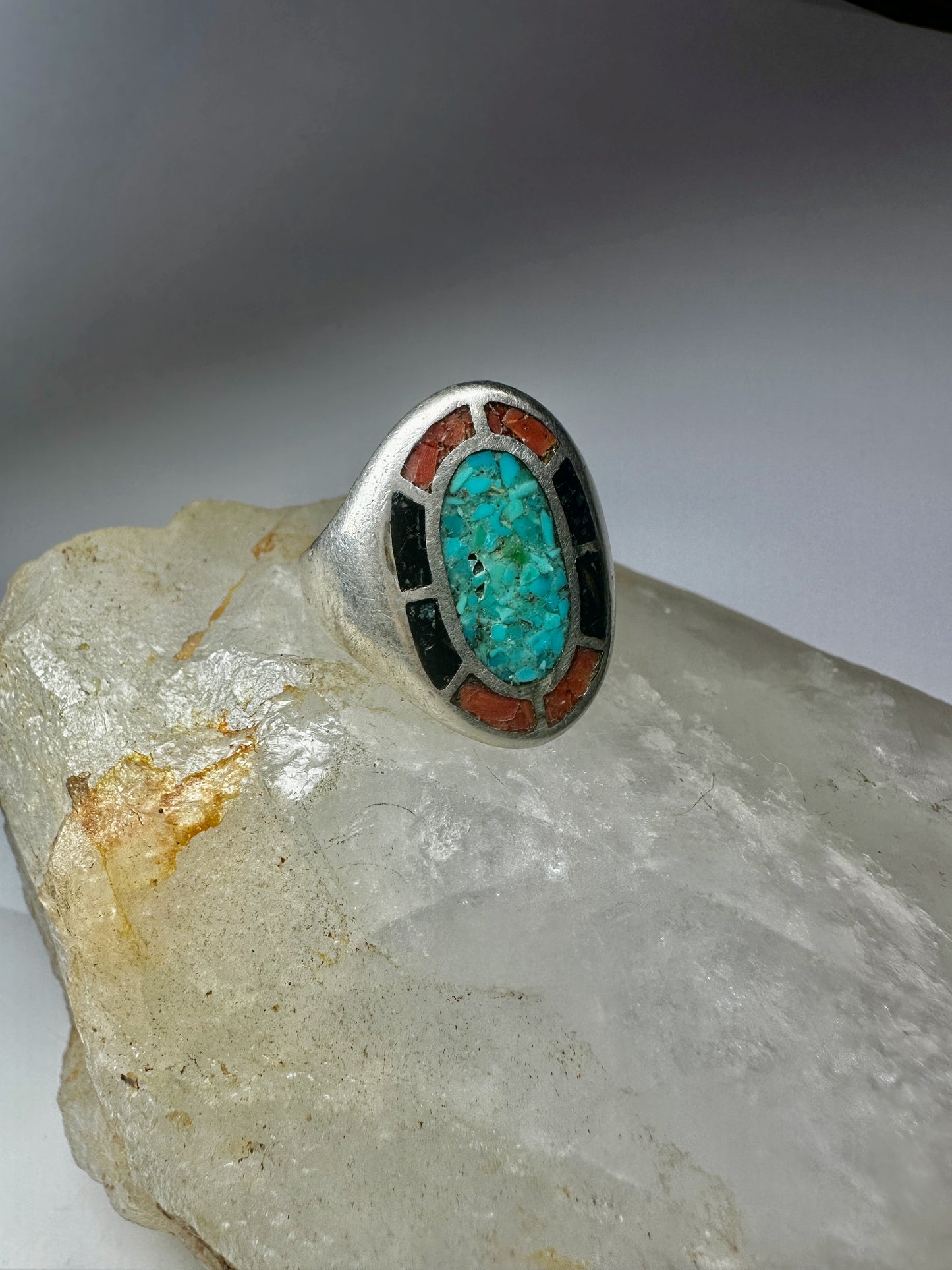 Navajo ring turquoise coral chips onyx band size 12.75 sterling silver women men