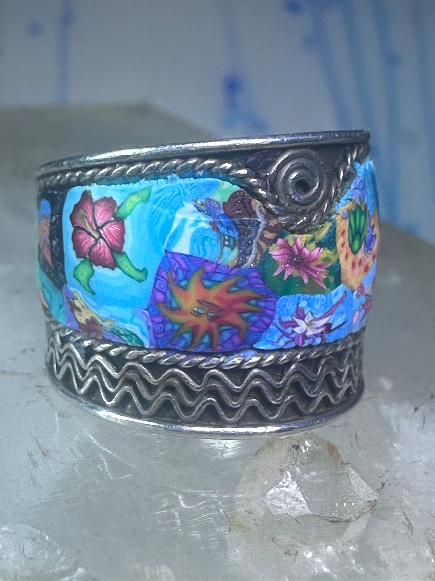 Millefiori ring cigar band rope design glass sterling silver size 5.5 women girls