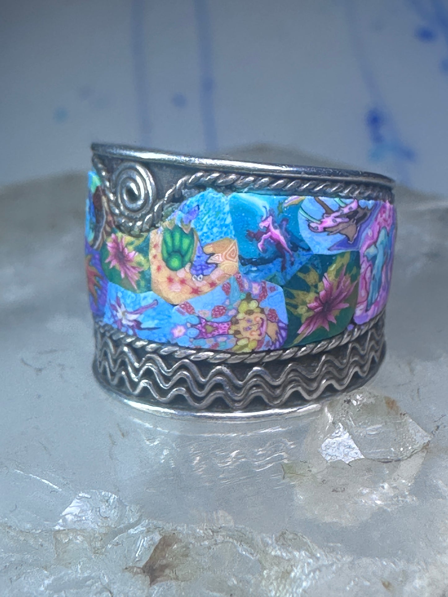 Millefiori ring cigar band rope design glass sterling silver size 5.5 women girls