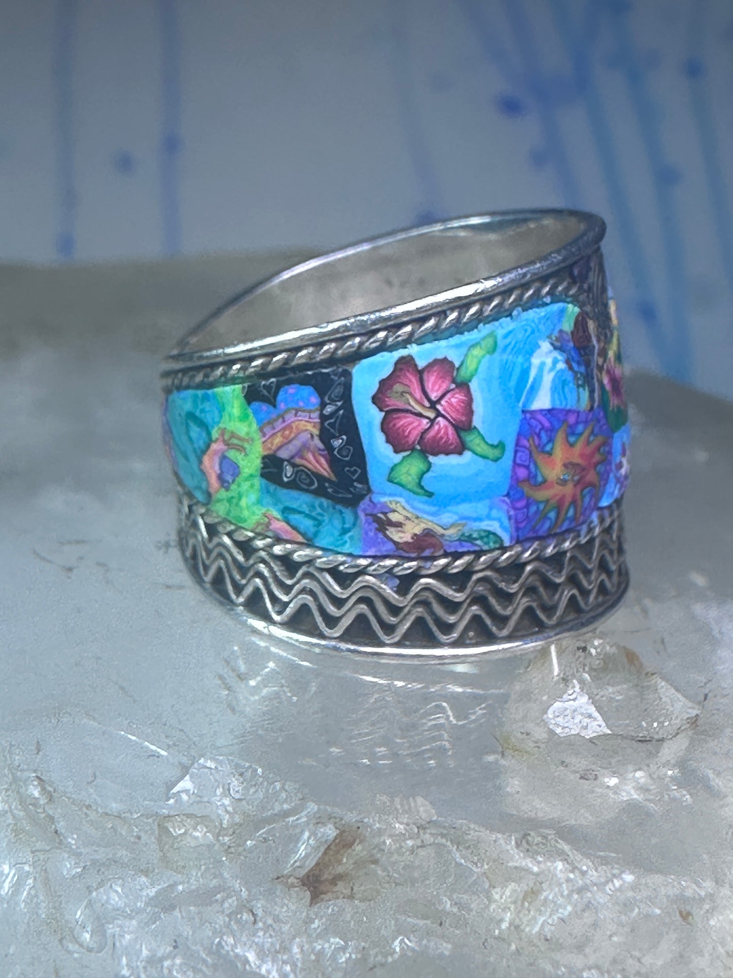 Millefiori ring cigar band rope design glass sterling silver size 5.5 women girls