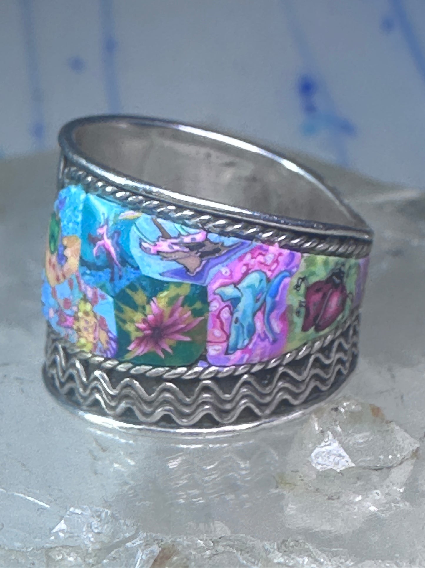 Millefiori ring cigar band rope design glass sterling silver size 5.5 women girls
