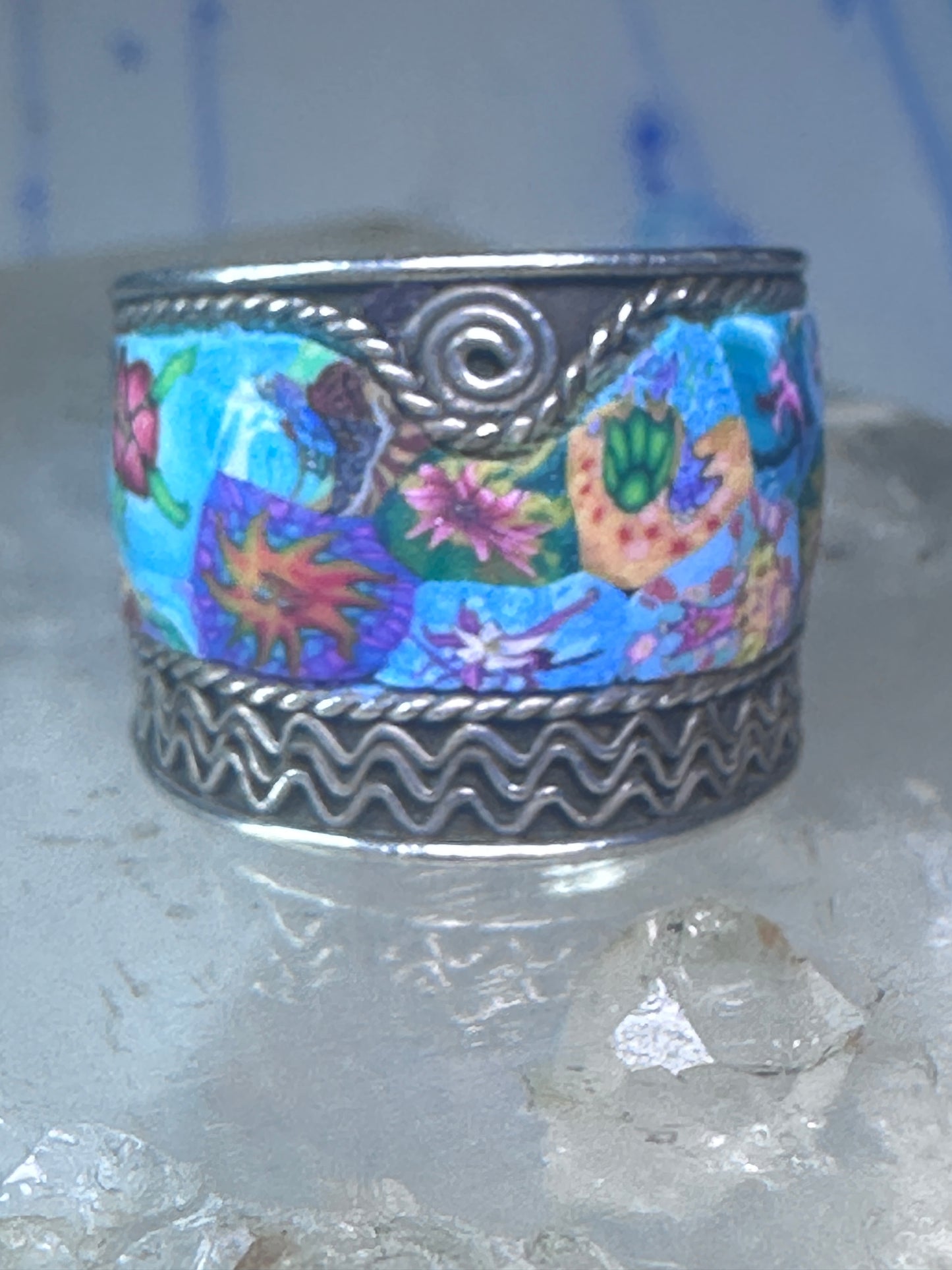 Millefiori ring cigar band rope design glass sterling silver size 5.5 women girls