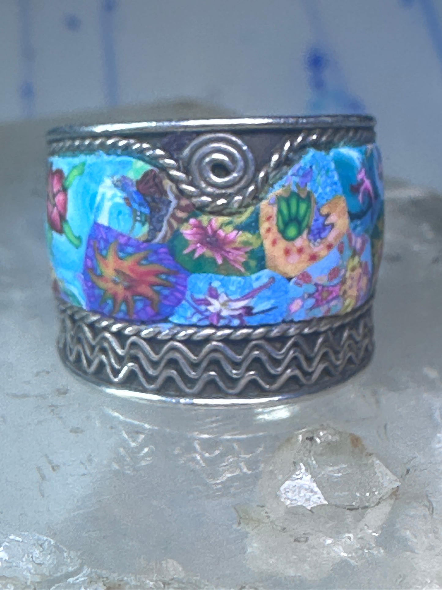 Millefiori ring cigar band rope design glass sterling silver size 5.5 women girls