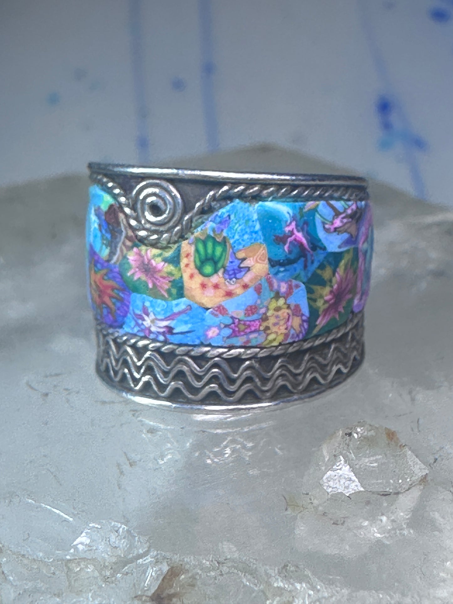 Millefiori ring cigar band rope design glass sterling silver size 5.5 women girls