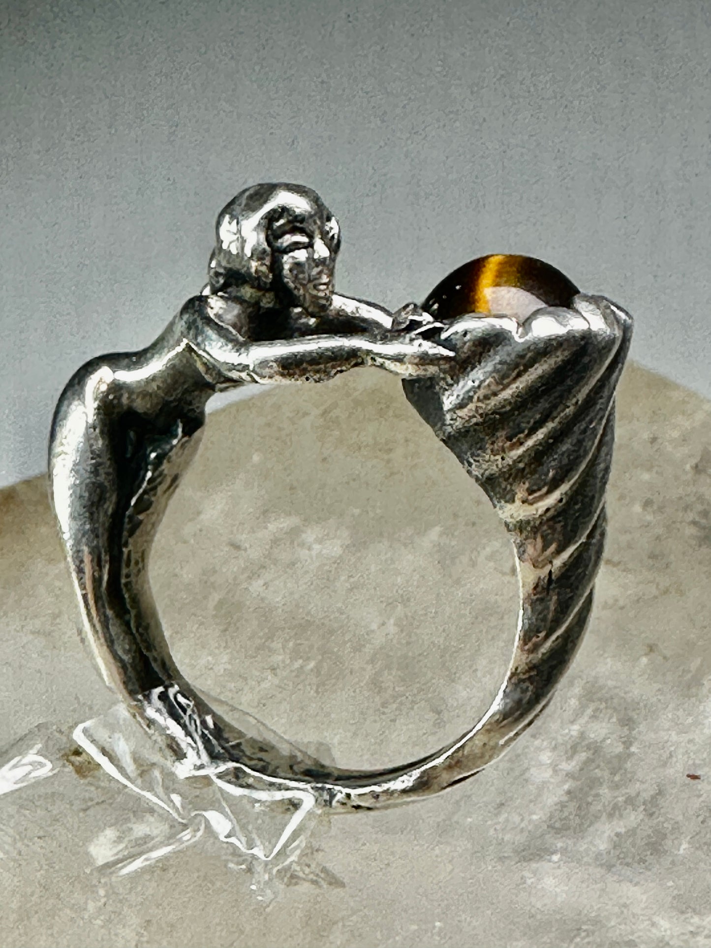 Figurative ring tiger eye cornucopia naked lady band size 7.50 sterling silver women