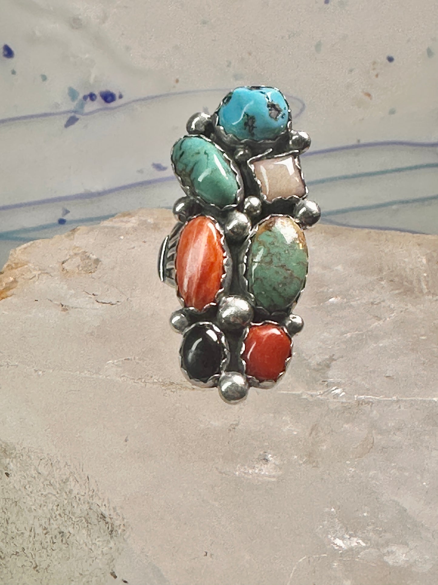 Long Multi gemstone Navajo ring southwest Size 7 sterling silver women