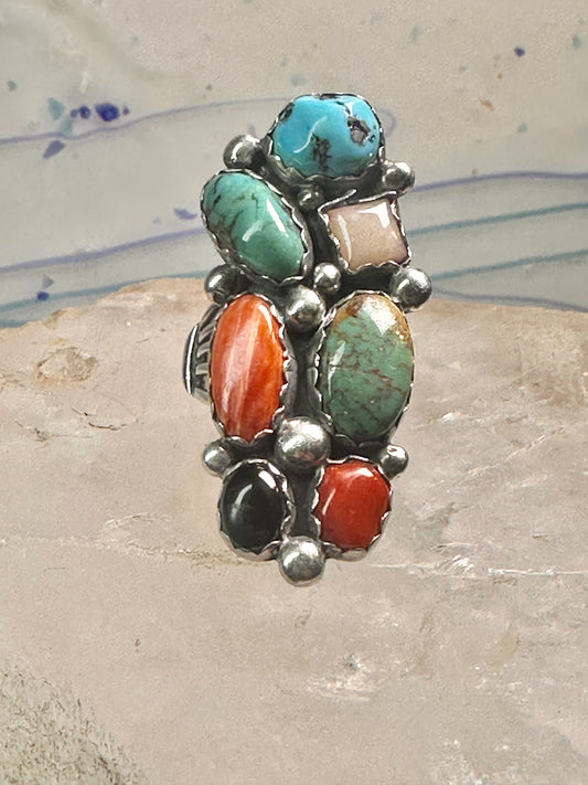 Long Multi gemstone Navajo ring southwest Size 7 sterling silver women