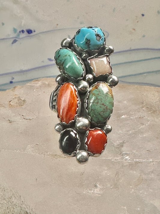 Long Multi gemstone Navajo ring southwest Size 7 sterling silver women