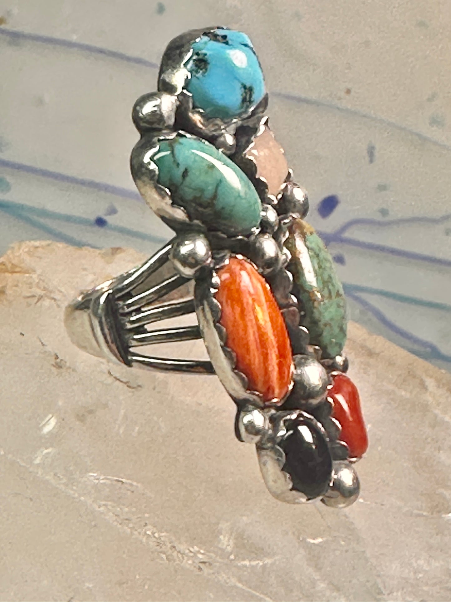 Long Multi gemstone Navajo ring southwest Size 7 sterling silver women