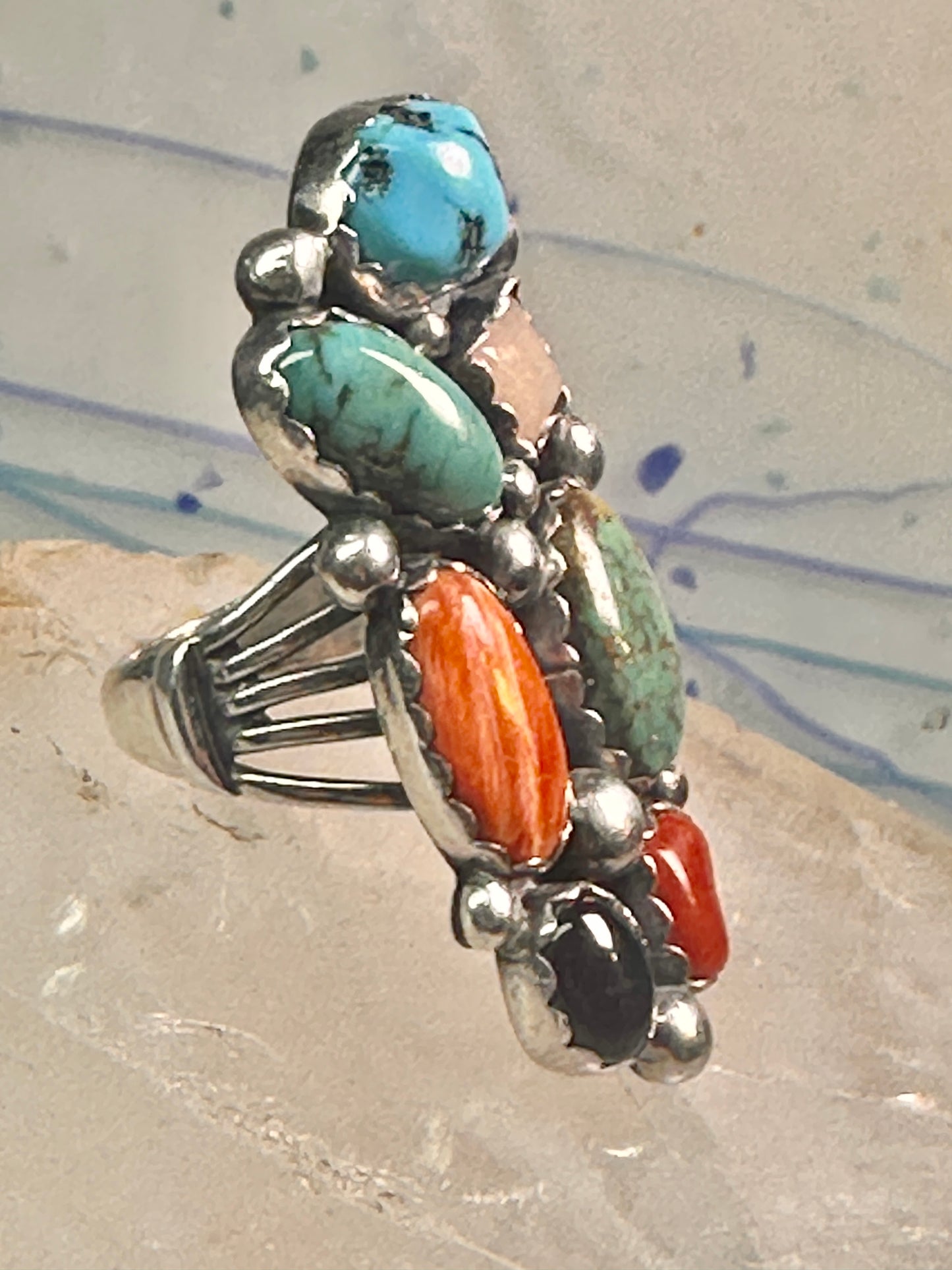 Long Multi gemstone Navajo ring southwest Size 7 sterling silver women