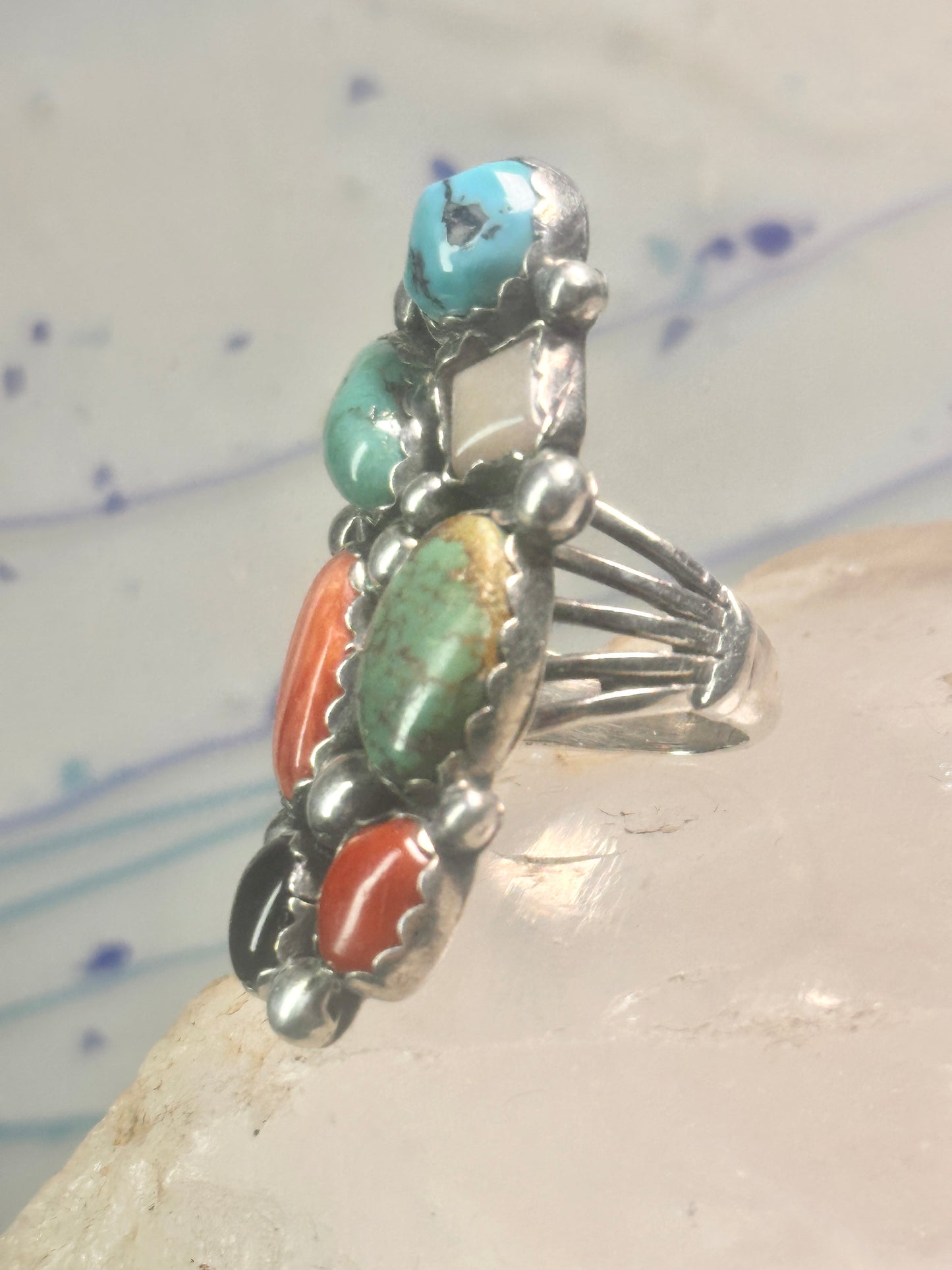 Long Multi gemstone Navajo ring southwest Size 7 sterling silver women