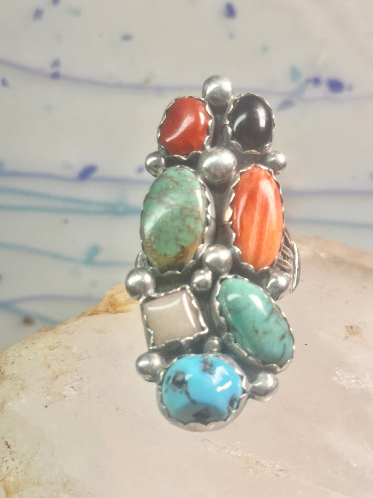 Long Multi gemstone Navajo ring southwest Size 7 sterling silver women