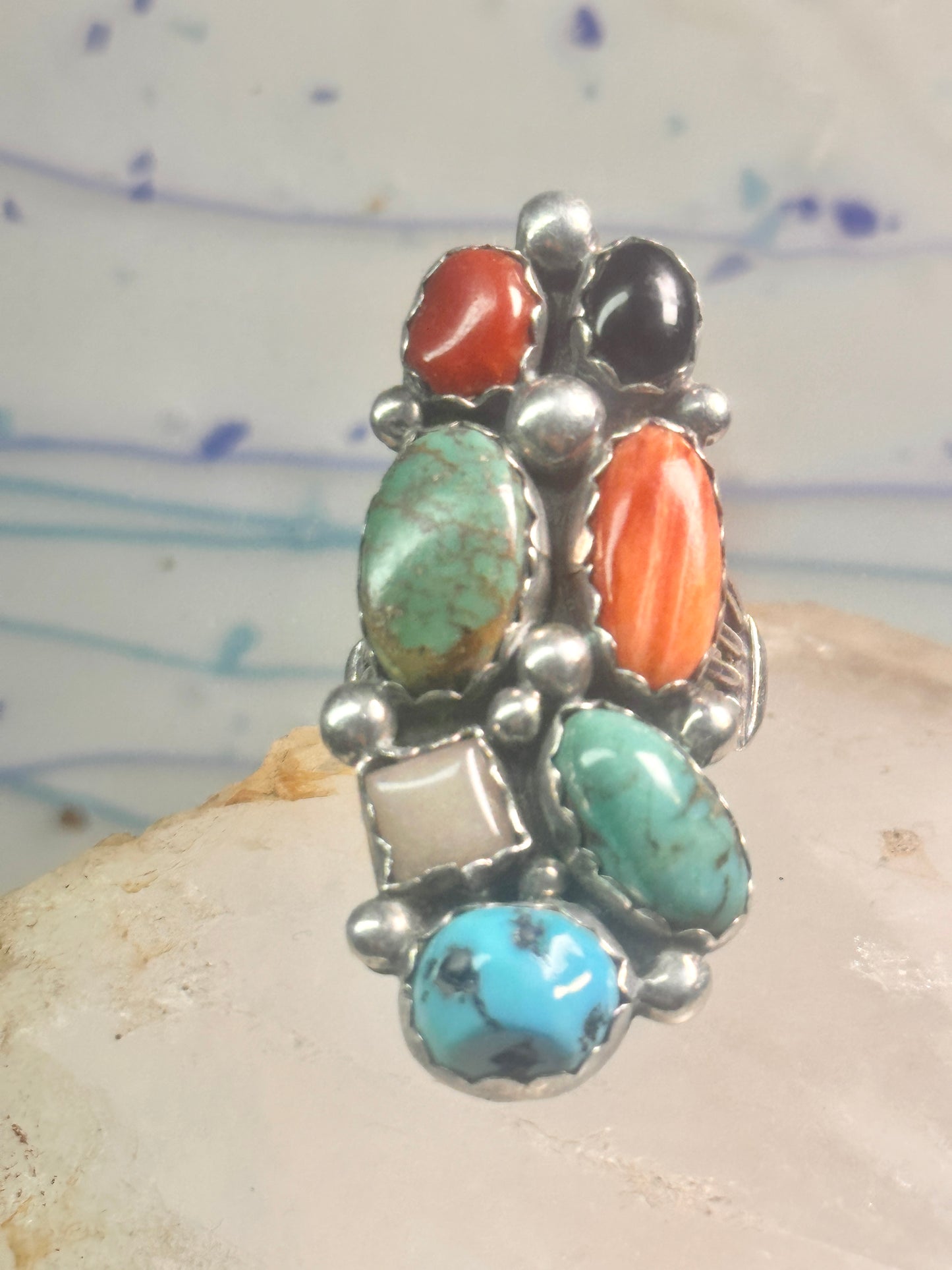 Long Multi gemstone Navajo ring southwest Size 7 sterling silver women